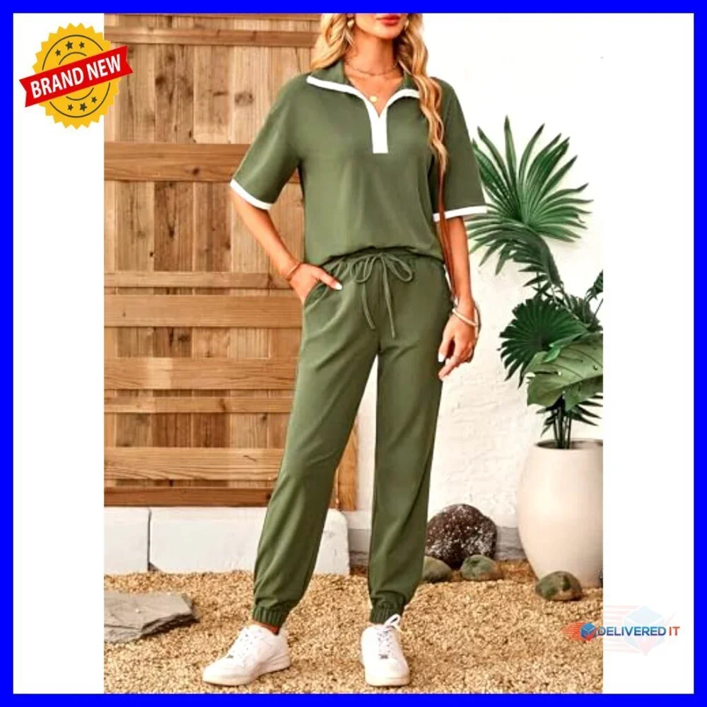 V-Neck Lapel Short Sleeve Tops Long Pants Tracksuit Lounge Jogger Set with - Picture 4 of 7